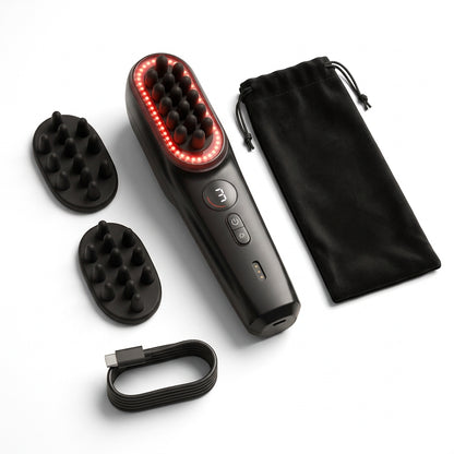Hush massager kit with brush heads, charging cable and travel pouch